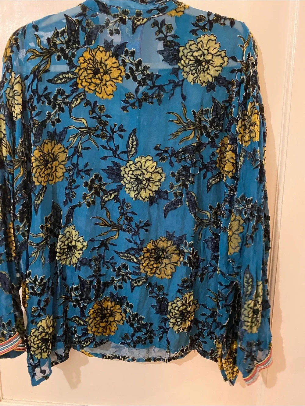Johnny Was Teal Blue Floral Sheer Button-Up Blouse - Picture 7 of 9